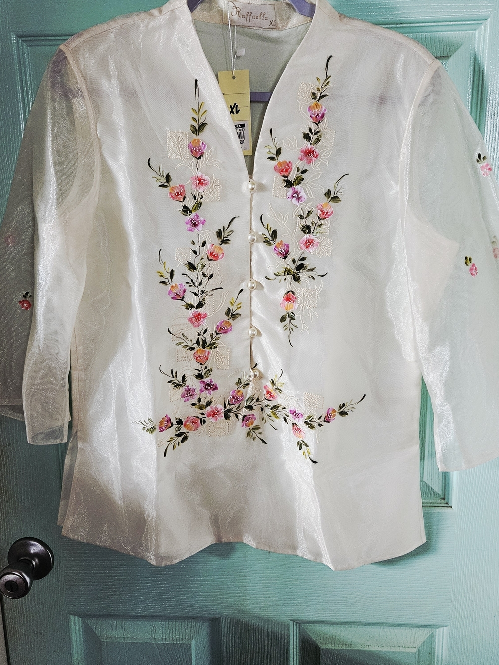 Rafaella White Sheer Tunic with Pink and Coral Floral Embroidery
